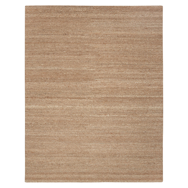 Neutral beige area rug with striped pattern against plain background.