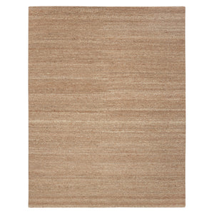 Neutral beige area rug with striped pattern against plain background.