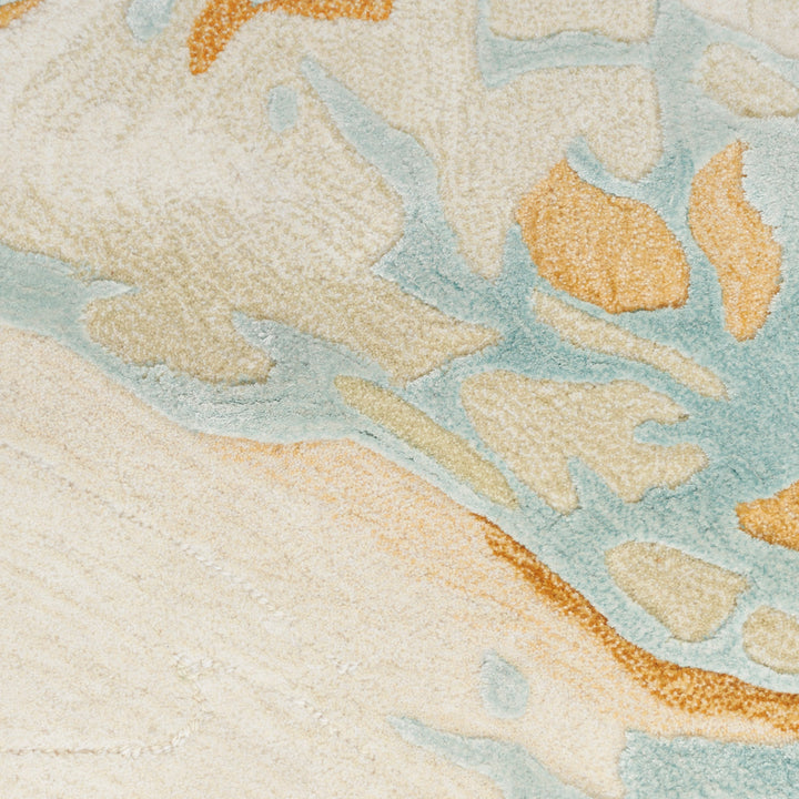 Abstract patterned rug in soft colors with plush texture detail.