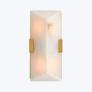 Elegant alabaster light fixture with gold brackets emits warm illumination. - hover