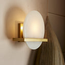 Minimalist wall-mounted light fixture with frosted glass and metallic accents.