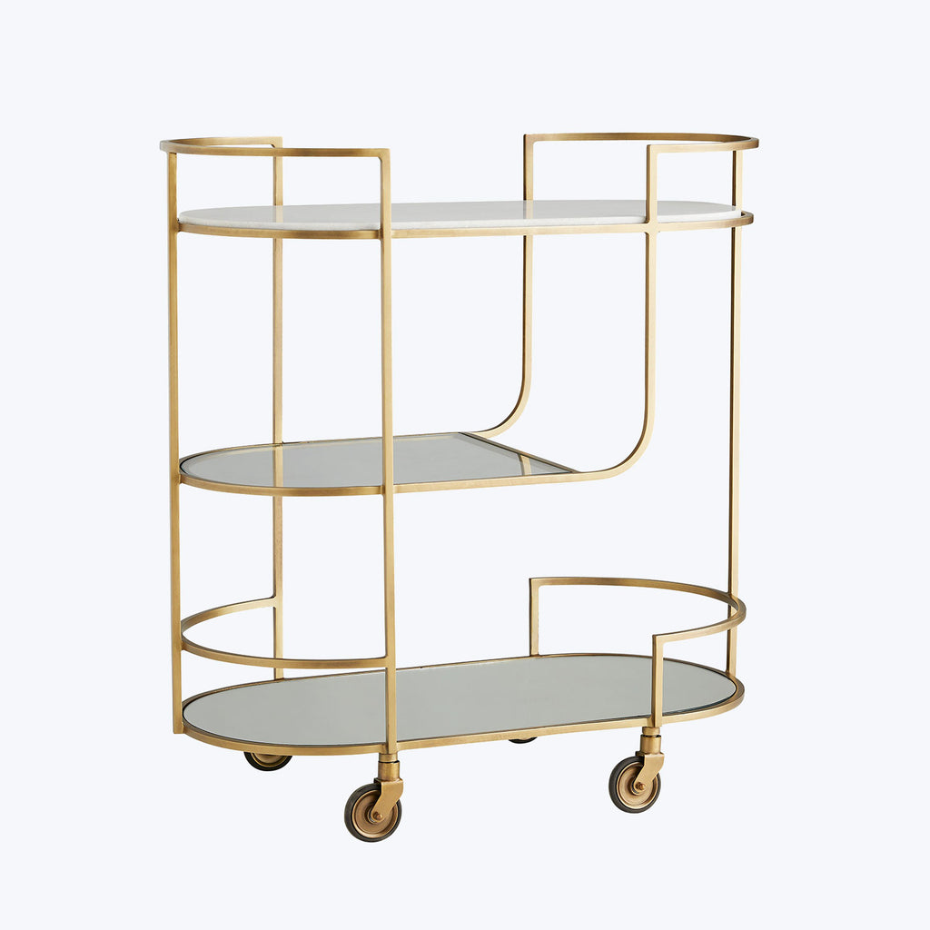 Stylish gold bar cart with three shelves and sleek design.