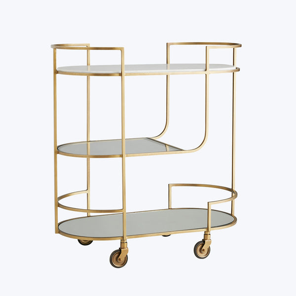 Stylish gold bar cart with three shelves and sleek design.