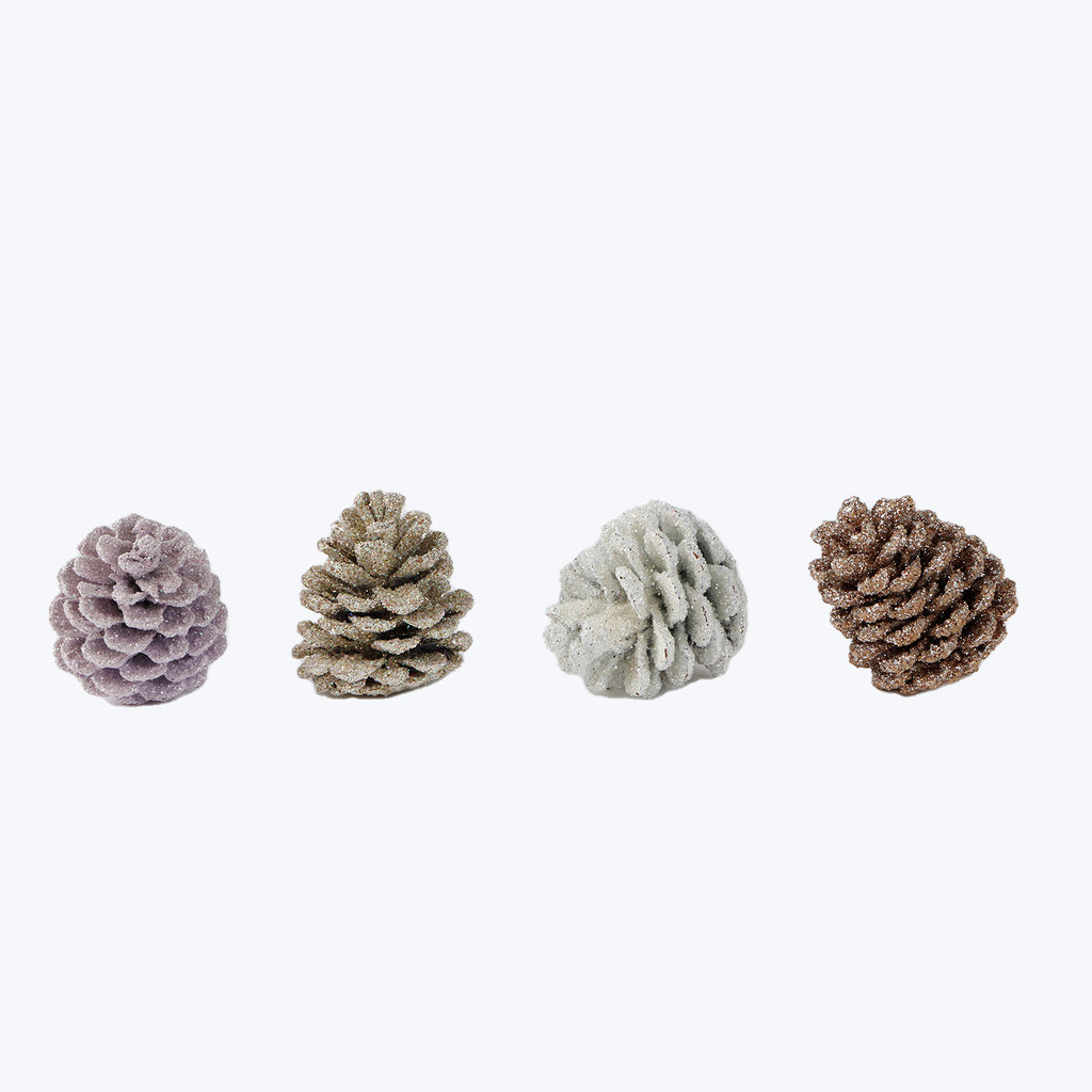 Seasonal pinecones with different finishes for festive decorations or crafts.