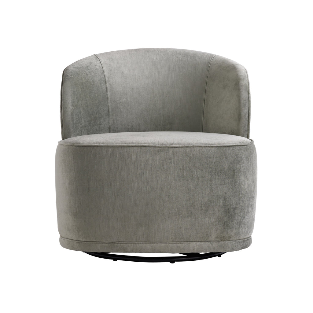Modern gray velvet swivel armchair with barrel back design.