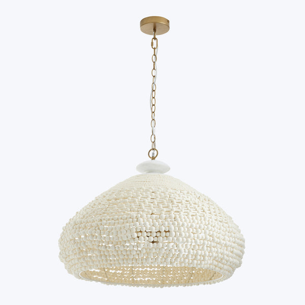 Monochromatic pendant light with intricate bead-like design suspended from ceiling.