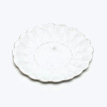 Vintage white scallop-edged plate with radial pattern, handmade look.