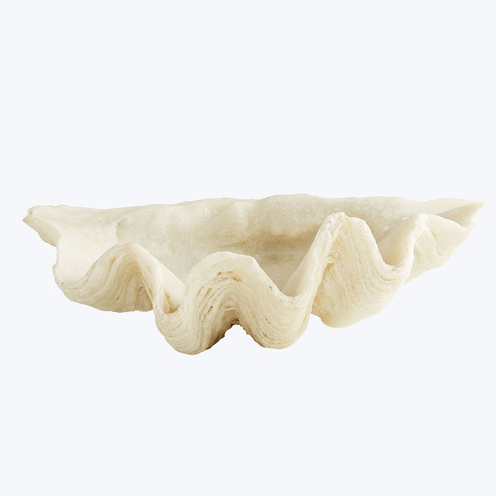 Close-up of a crispy, wavy prawn cracker against white backdrop.