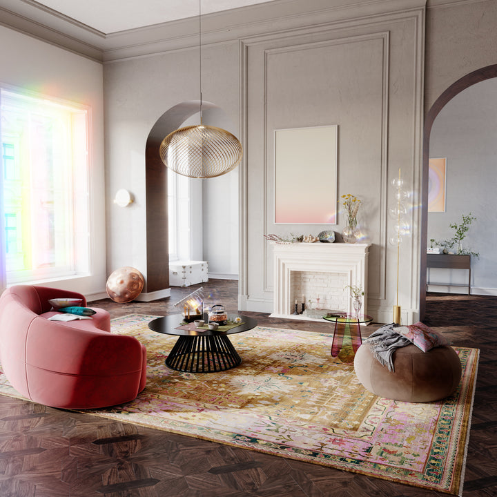 Stylishly designed living room featuring high ceilings, intricate details, and eclectic decor