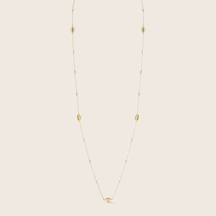 Elegant gold necklace with intricate design and textured details.