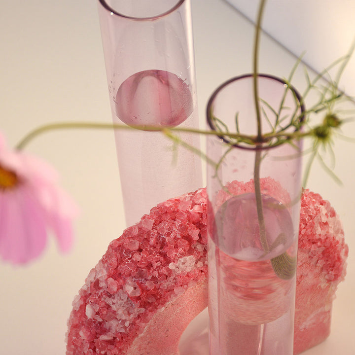 Artistic glass containers with pink crystals and delicate botanical elements