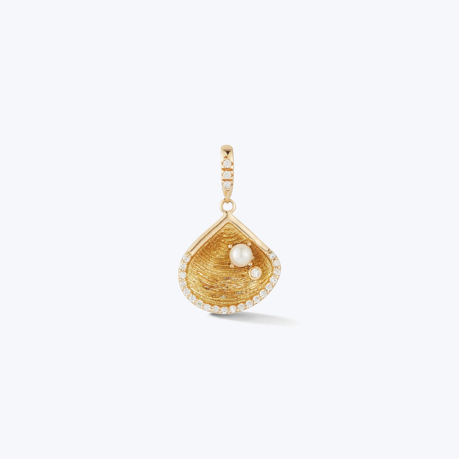 Elegant gold-tone pendant with pearl, diamonds, and modern design.