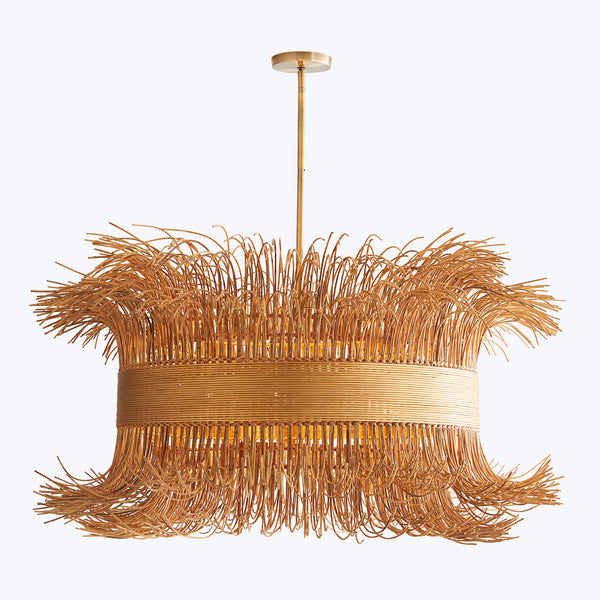 Unconventional pendant lamp with gold loops creates a fluid fringe-like effect.