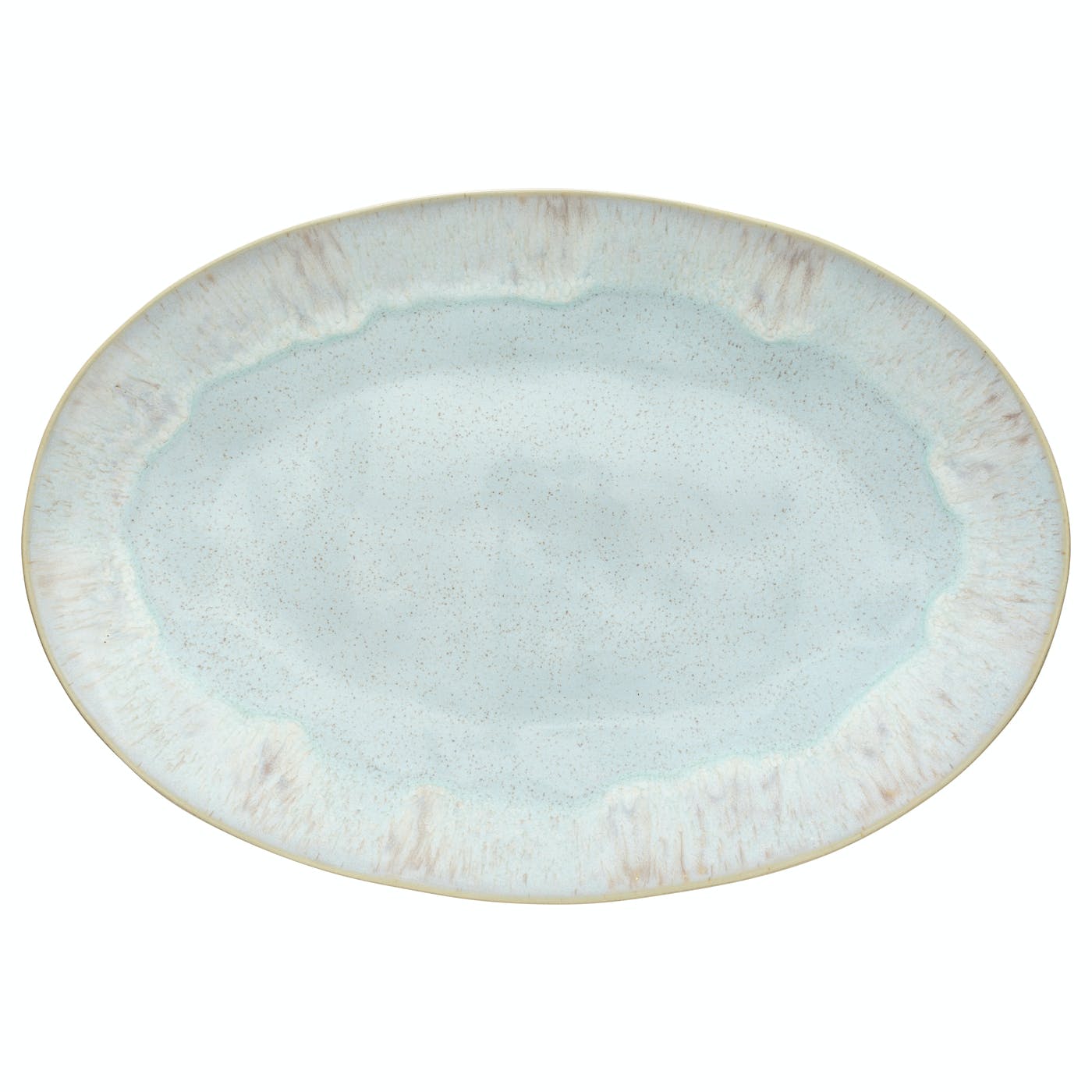 Oval ceramic plate with speckled design in light blue/aqua color.