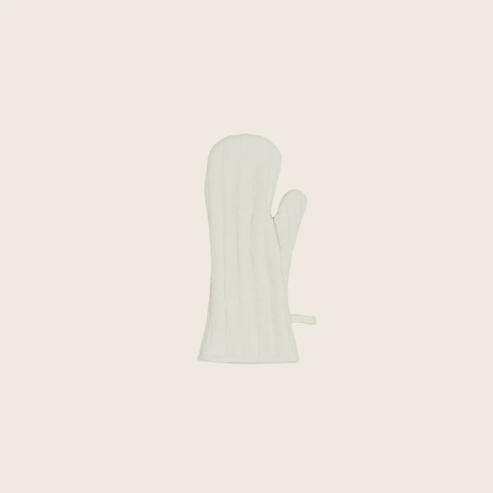 Minimalist white oven mitt with quilted design and hanging loop.