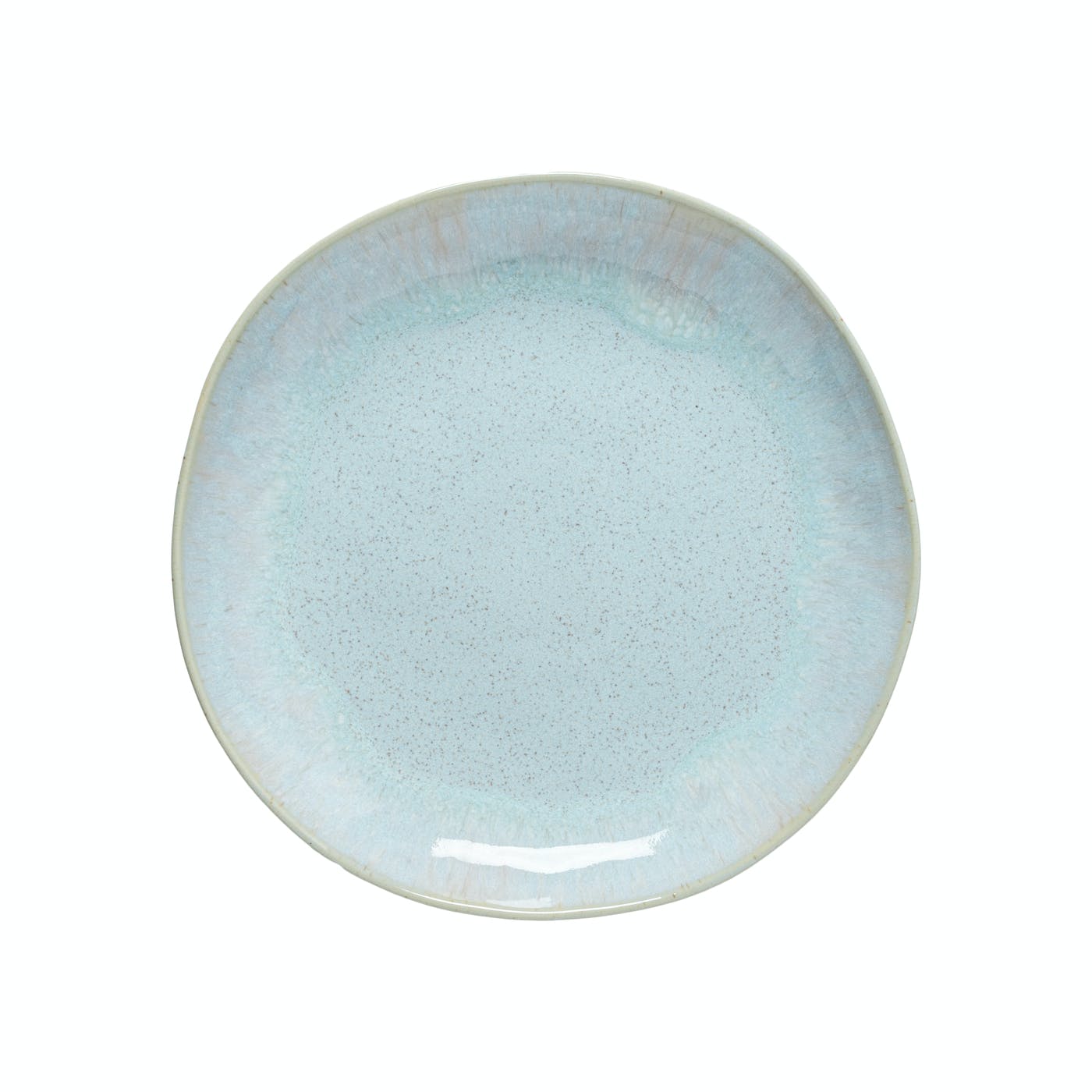 Circular light blue ceramic plate with speckled pattern and glossy finish on a white background.