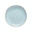 Circular light blue ceramic plate with speckled pattern and glossy finish on a white background.