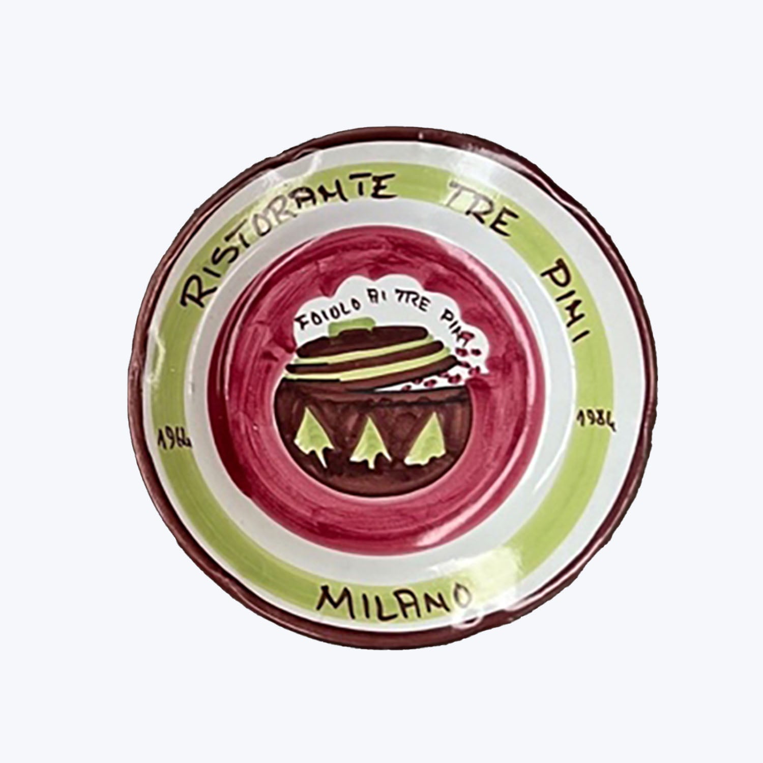 Vintage hand-painted ceramic plate from Ristorante Tre Pini, Milano, 1934.