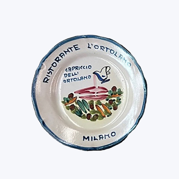 Decorative ceramic plate from Ristorante L'Ortolano in Milano, Italy.