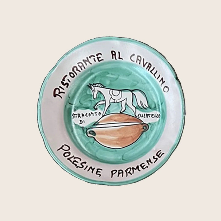 Decorative ceramic plate with horse illustration: Ristorante Al Cavallino, Stracotto di Polesine Parmense.