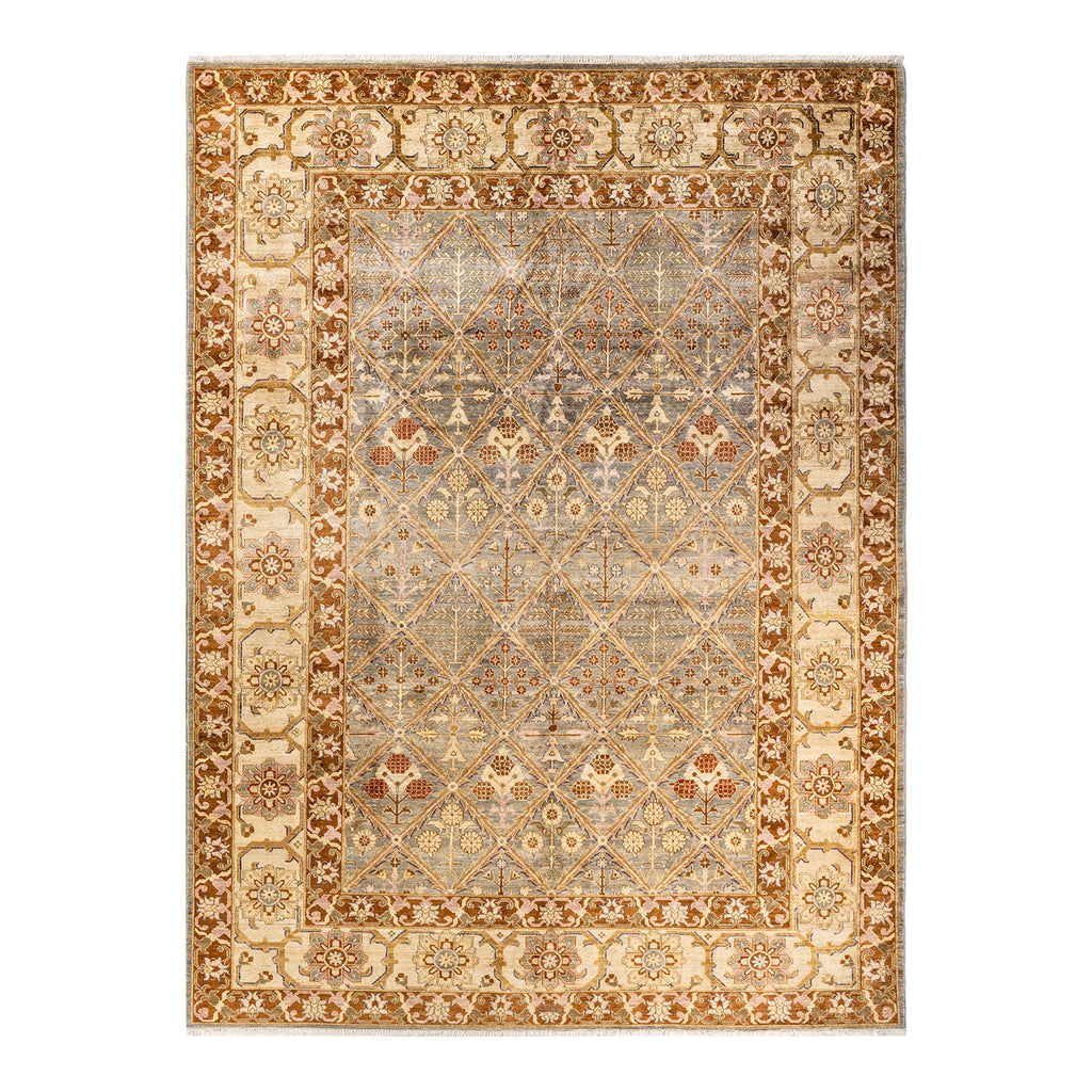 Ornate handcrafted rug with intricate geometric and floral patterns on display.