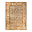 Ornate handcrafted rug with intricate geometric and floral patterns on display.