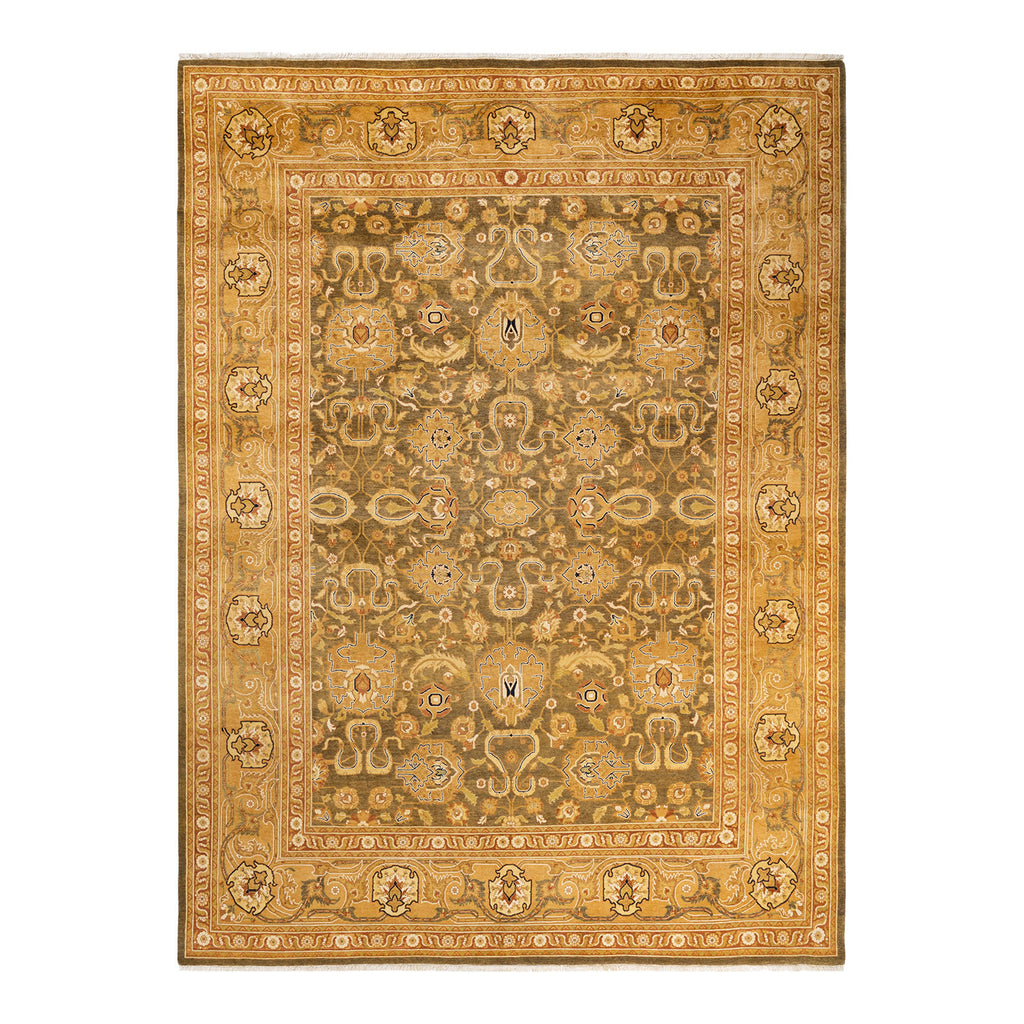 An ornate Oriental rug with a symmetrical floral pattern.