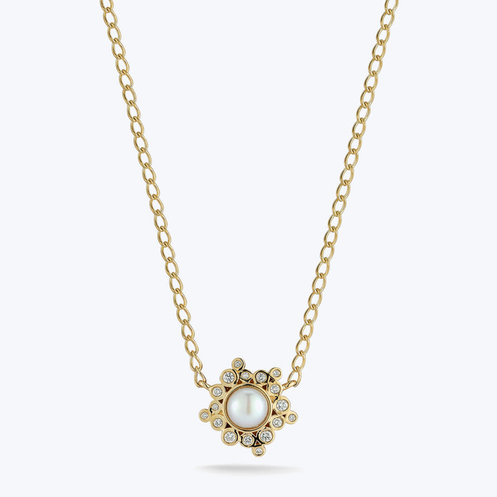 Gold pendant necklace with pearl and diamond flower centerpiece design.