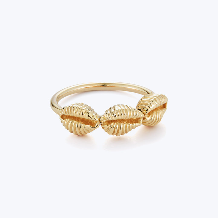 Elegant gold ring with intricate shell-like design on polished band.