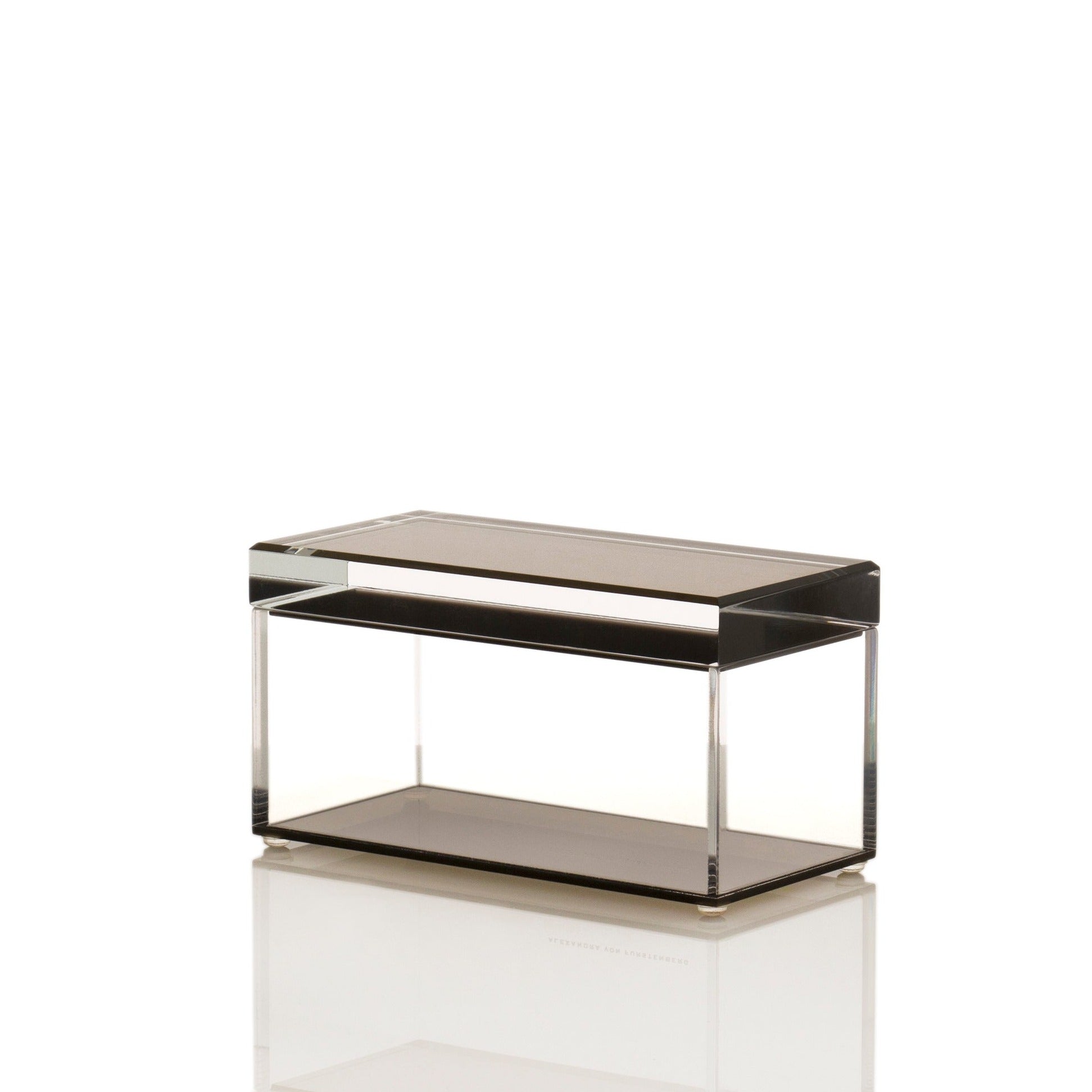 Modern coffee table with sleek design and transparent surfaces.