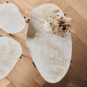 Modern coffee table with organic stone-like top and minimalistic legs. - hover