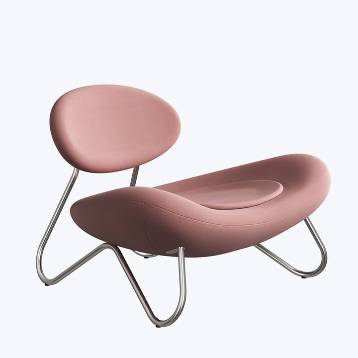Modern chair with oval backrest, cushioned in muted pink color.