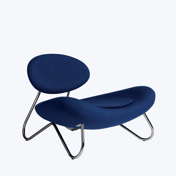 Contemporary blue chair with sleek chrome frame and ergonomic design.